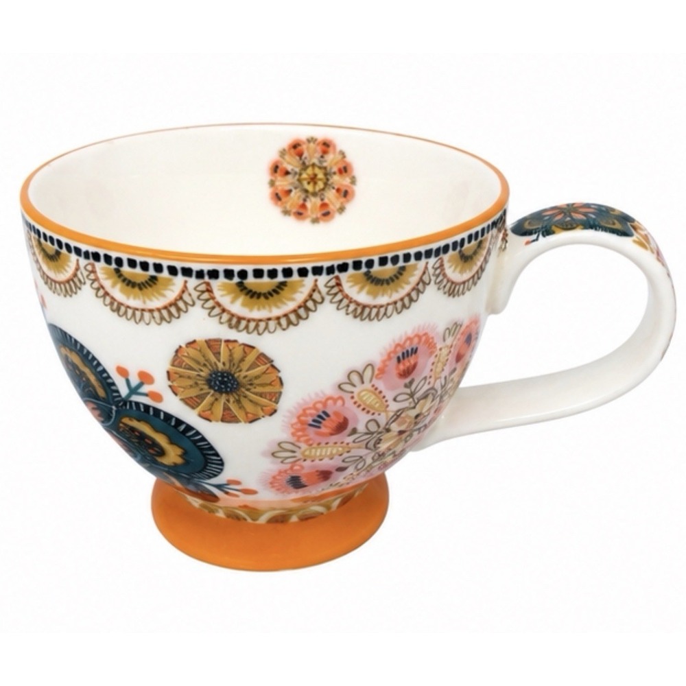 Potter's Studio Floral Pedestal Coffee Mug Tea Cup Orange Rim Boho Ceramic 4.5"